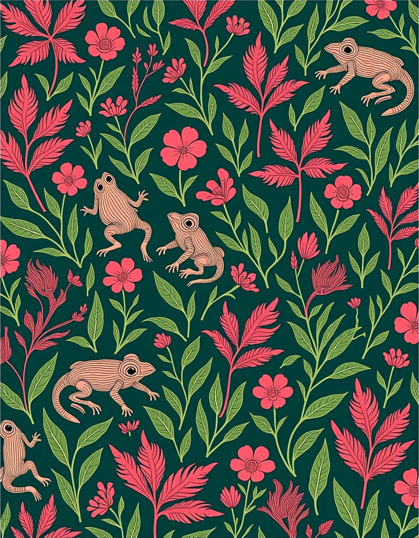 Coral Frogs Greenery Floral Garden Rug