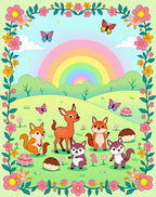 Whimsical Woodland Creatures Rainbow Meadow Rug