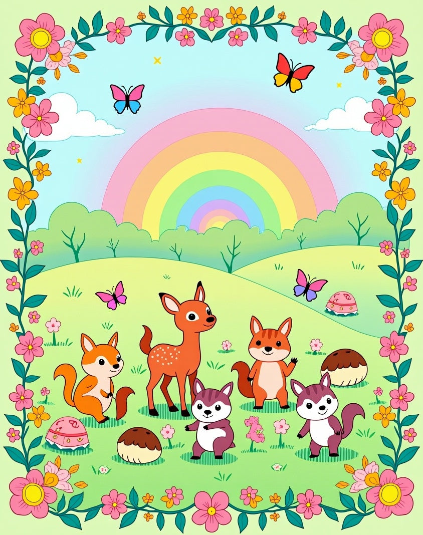 Whimsical Woodland Creatures Rainbow Meadow Rug