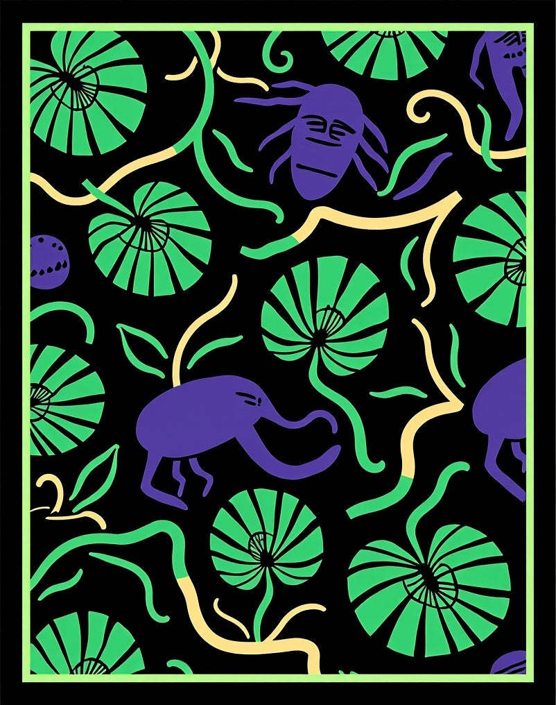 Purple Creatures Green Floral Whimsical Rug