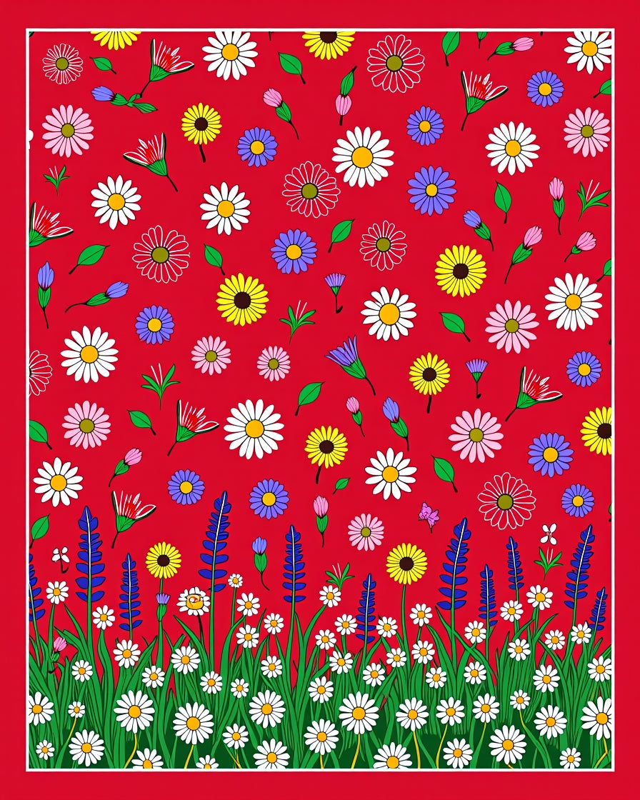 Whimsical Red Daisy Meadow Garden Rug