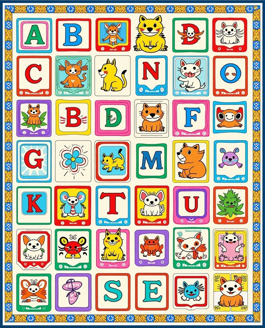 Playful Alphabet Animals Colorful Squares Rug