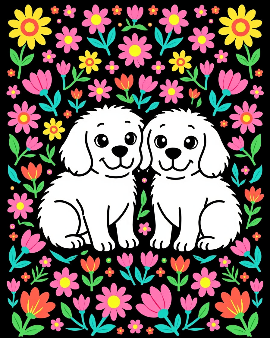 Happy Puppies Floral Garden Rug