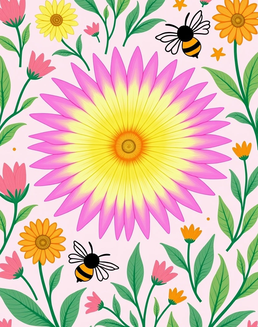Pink Yellow Floral Garden Bee Whimsical Rug