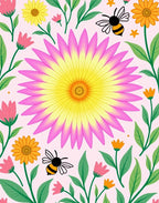 Pink Yellow Floral Garden Bee Whimsical Rug