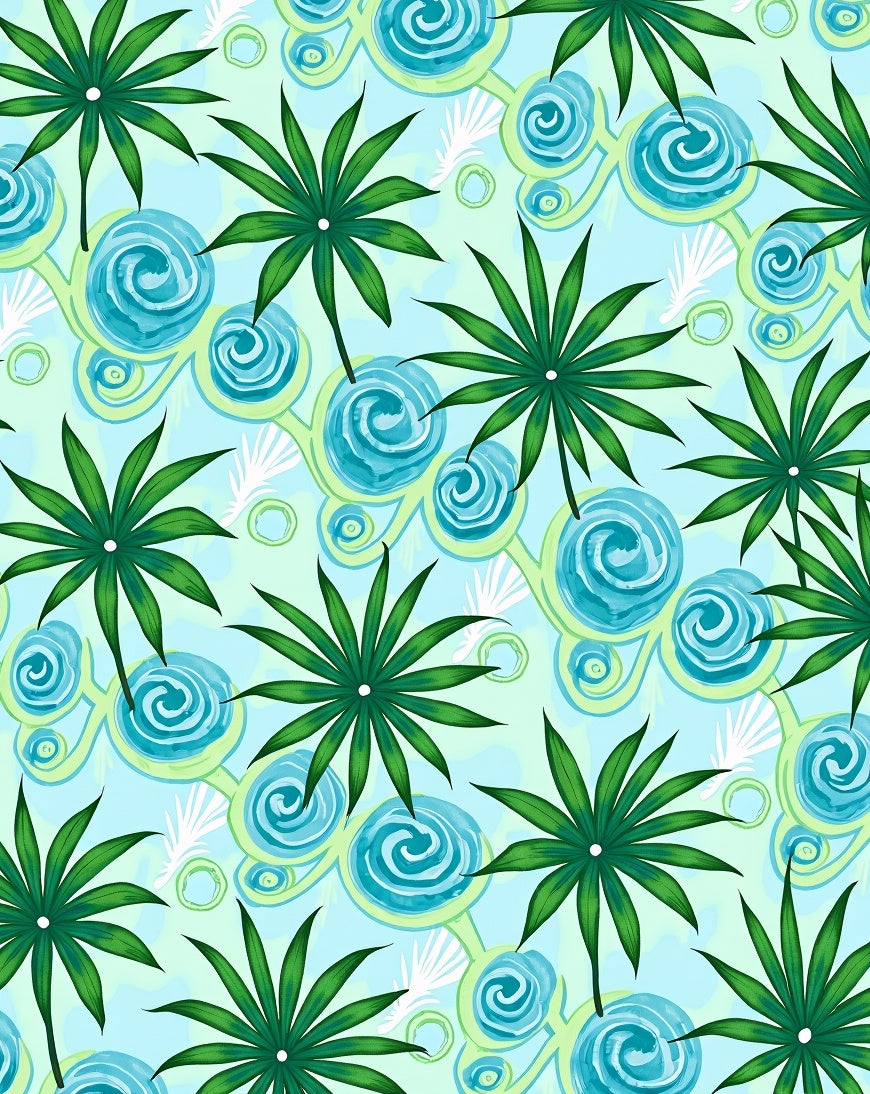 Tropical Green Palm Leaf Teal Swirl Rug
