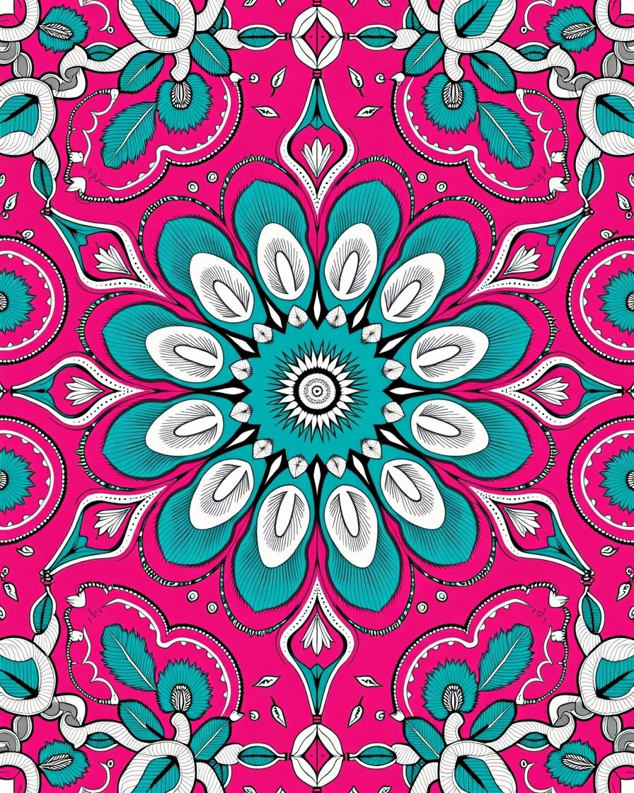 Vibrant Pink Teal Floral Mandala Rug