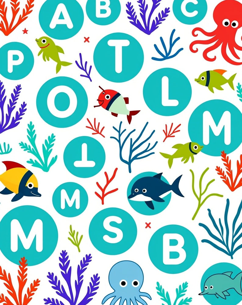 Ocean Alphabet Whimsical Marine Life Rug