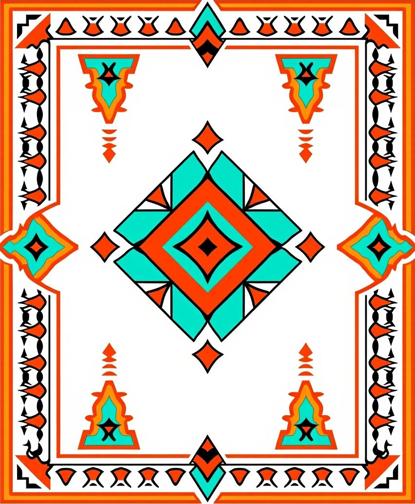 Bold Orange Turquoise Diamond Border Rug