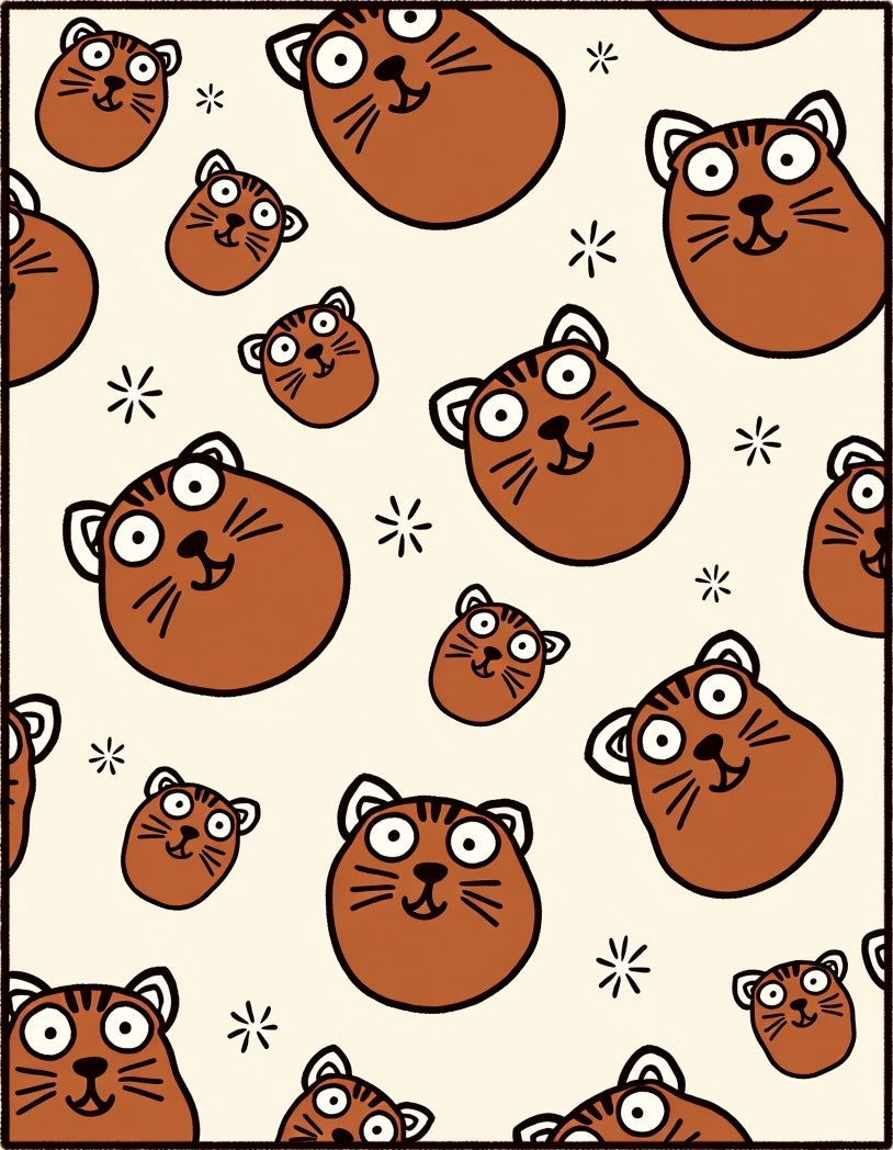 Whimsical Brown Cat Faces Scattered Stars Rug