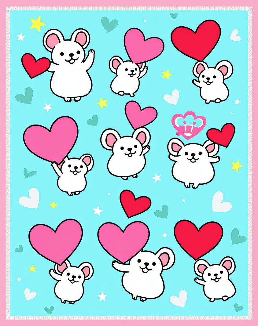 Cute Mice Hearts Aqua Fleece Throw Rug