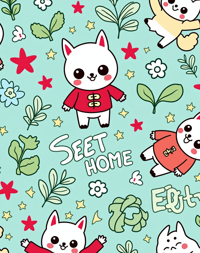 Cute Kitty Red Outfit Flowers Stars Rug