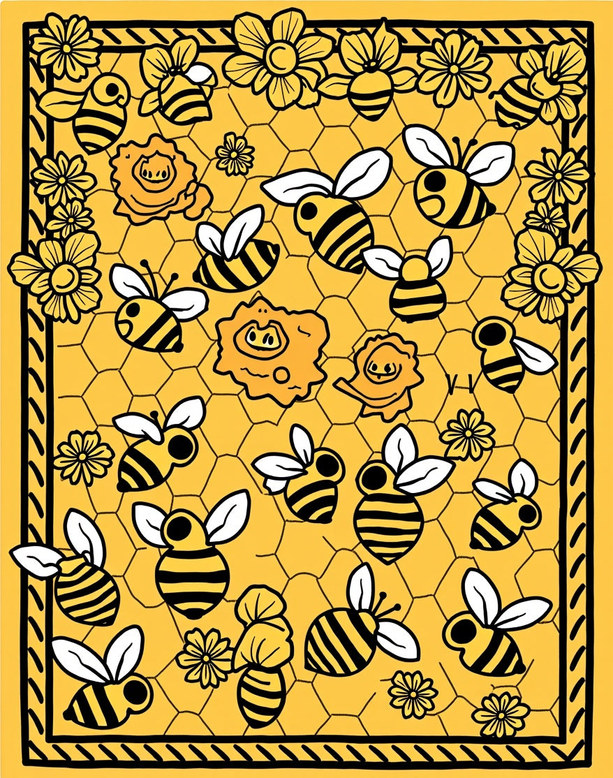 Whimsical Yellow Bee Flower Honeycomb Rug