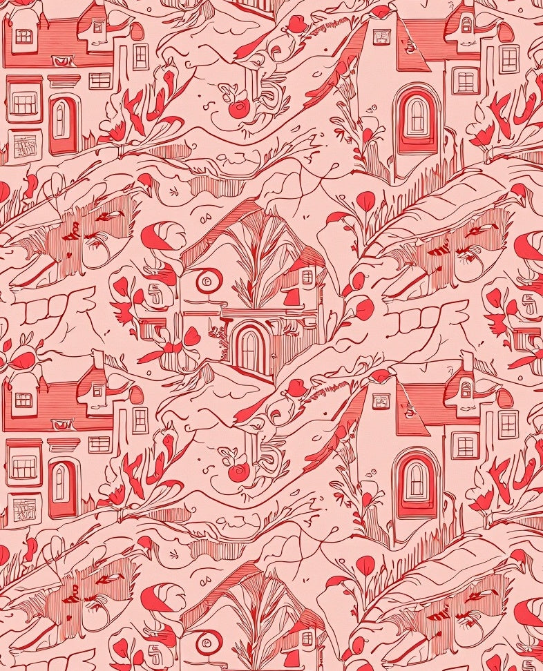 Whimsical Red Village Sketch Rug