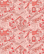 Whimsical Red Village Sketch Rug