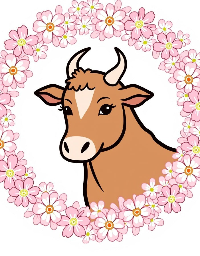 Cute Cow Pink Floral Wreath Rug