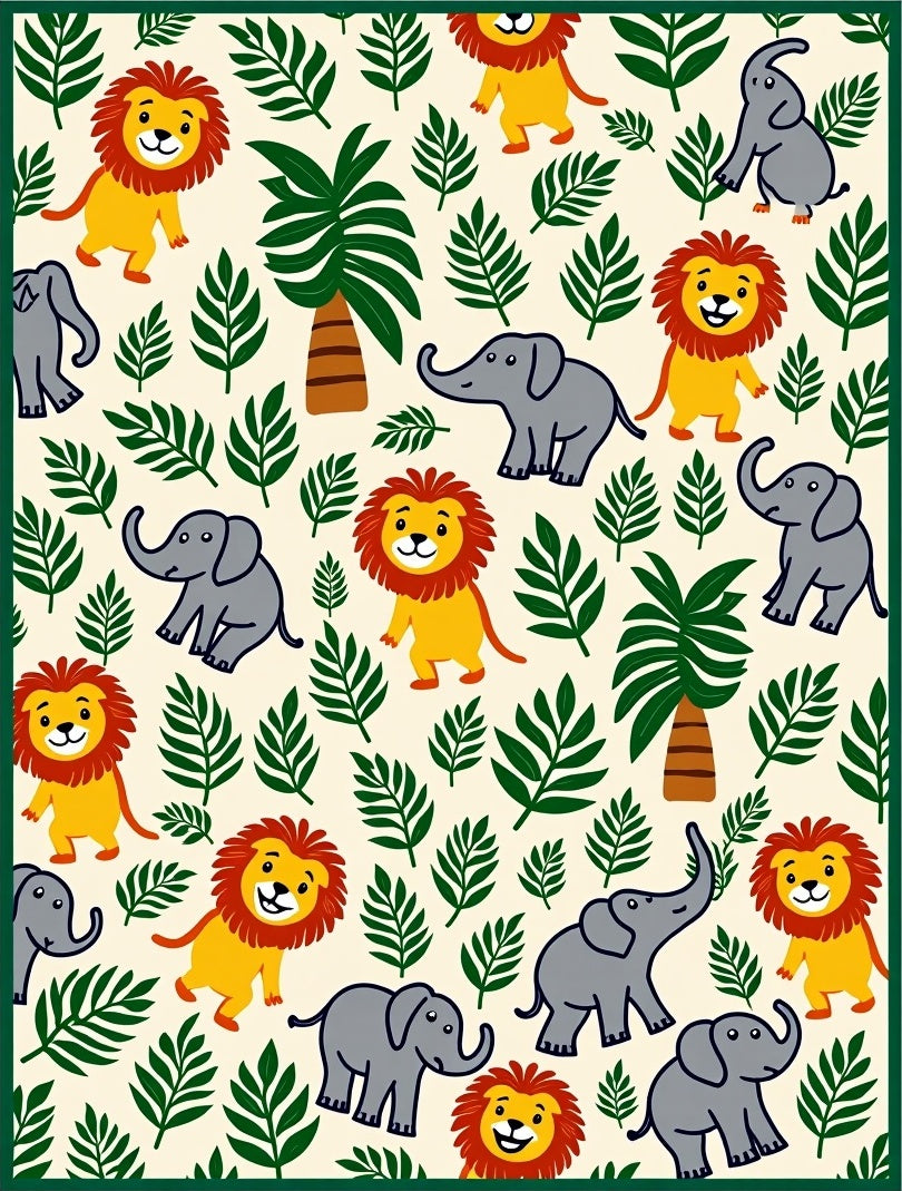 Playful Lion Elephant Jungle Leaves Rug