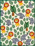 Playful Lion Elephant Jungle Leaves Rug