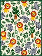 Playful Lion Elephant Jungle Leaves Rug