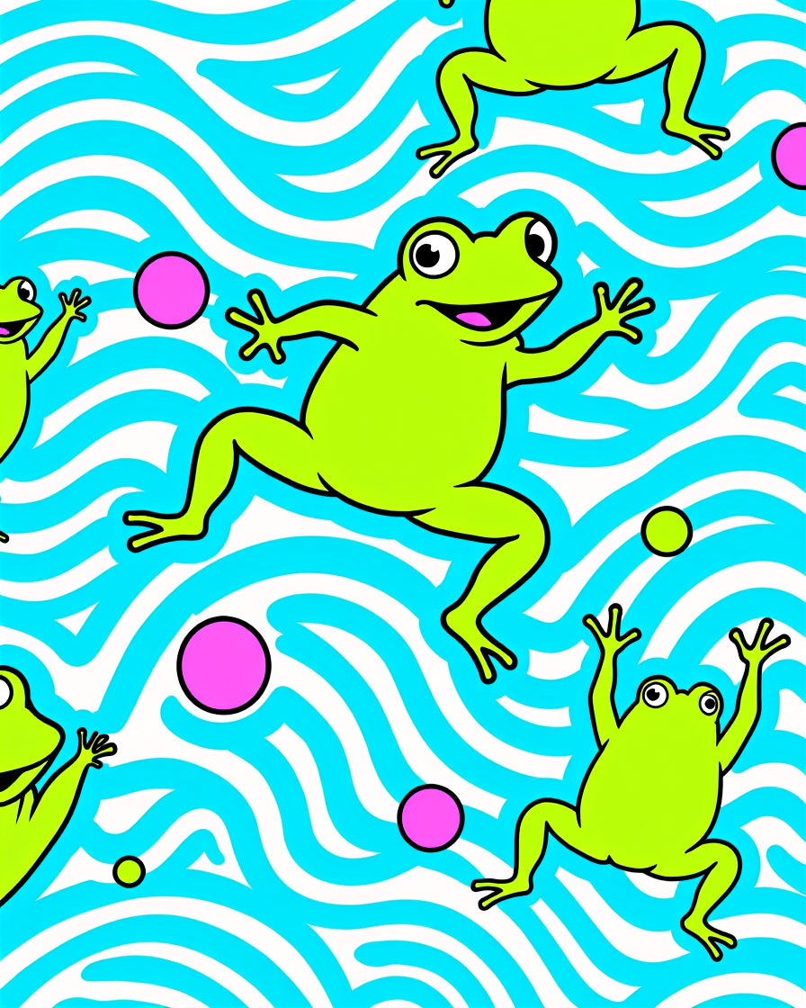 Vibrant Lime Frogs Blue Wave Circles Rug