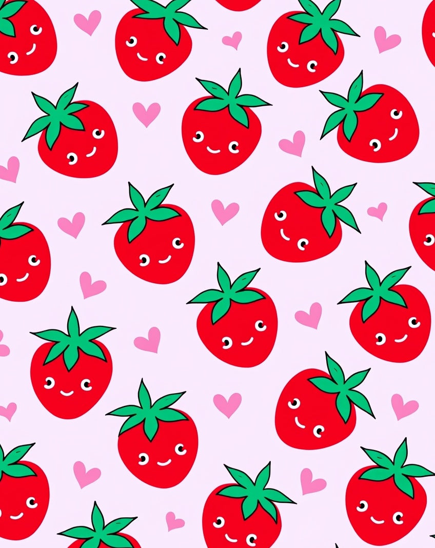 Cute Red Strawberry Hearts Pink Background Rug