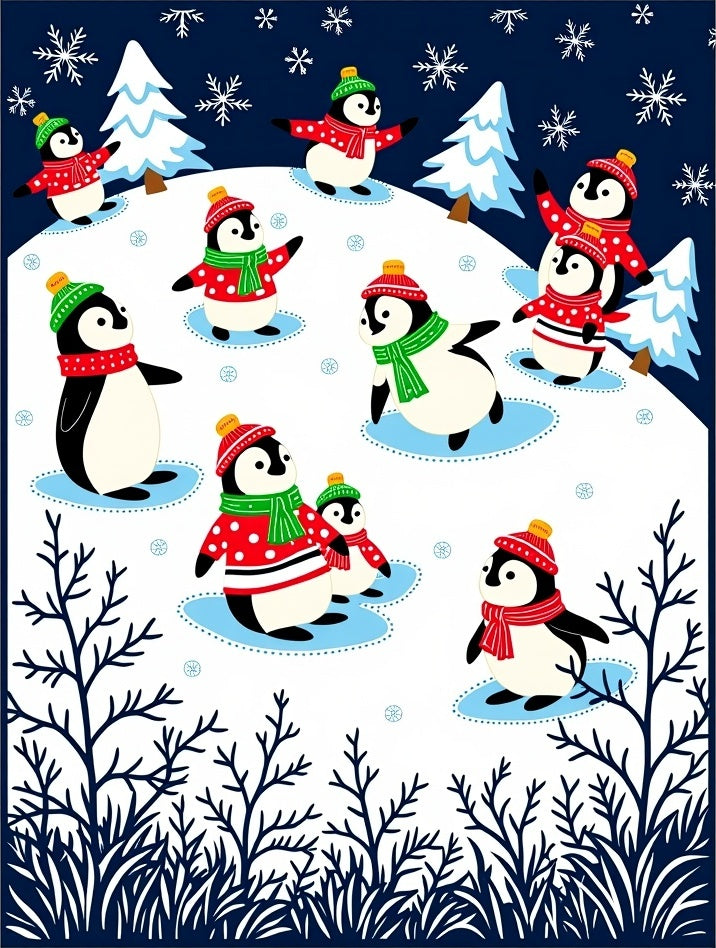Charming Penguin Frolic Winter Scene Rug