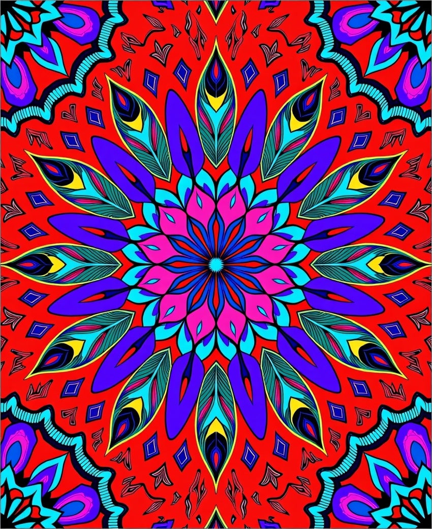 Vibrant Red Feathered Mandala Rug