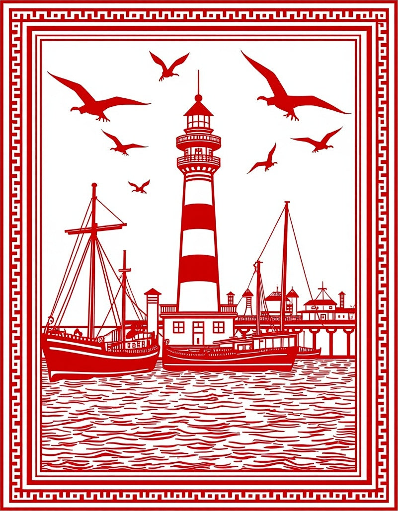 Red Nautical Lighthouse Sailboat Seagull Scene Rug