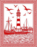 Red Nautical Lighthouse Sailboat Seagull Scene Rug