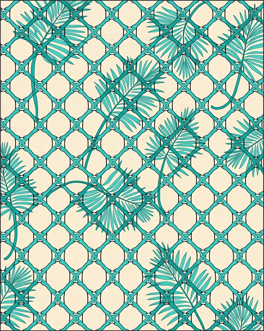 Turquoise Lattice Tropical Leaf Art Rug