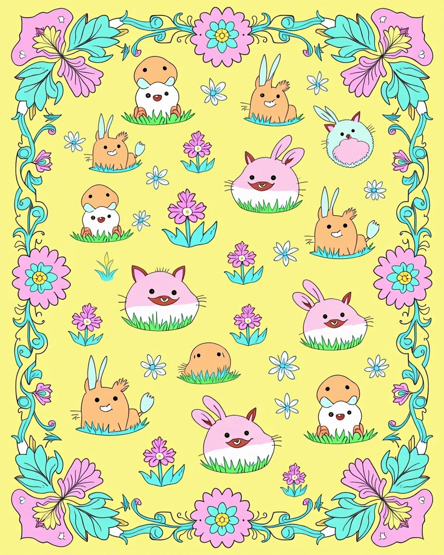 Whimsical Pink Blue Bunny Floral Border Rug