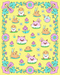 Whimsical Pink Blue Bunny Floral Border Rug