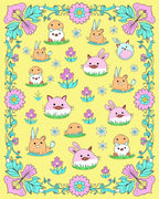 Whimsical Pink Blue Bunny Floral Border Rug