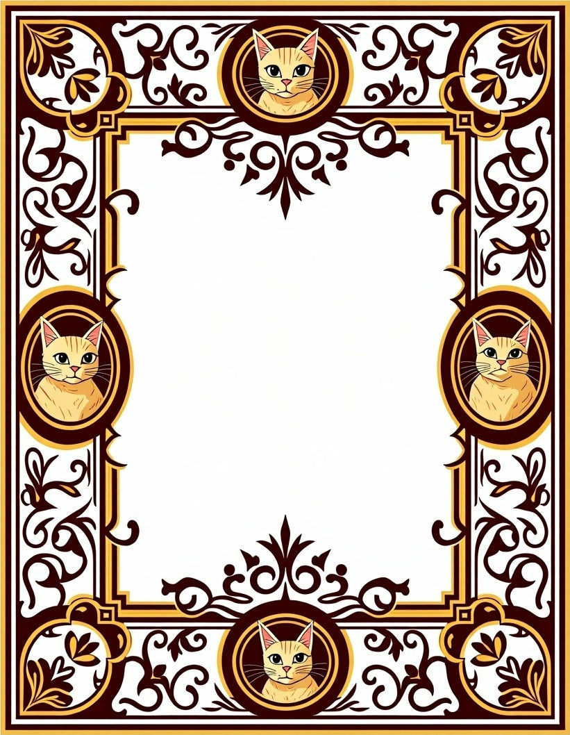 Golden Feline Portrait Scrollwork Border Rug