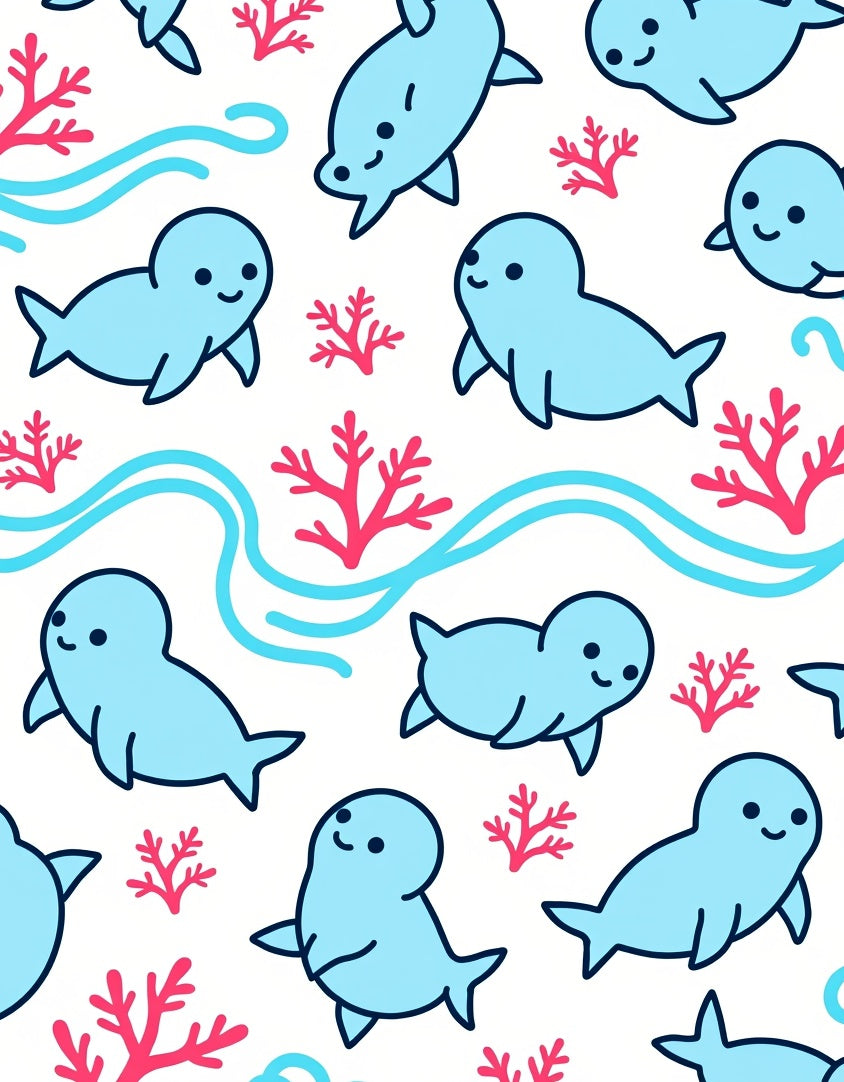 Cute Blue Seals Coral Sea Waves Rug