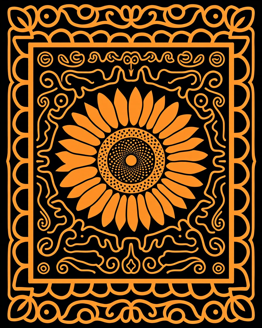 Bright Orange Sunflower Folk Art Rug
