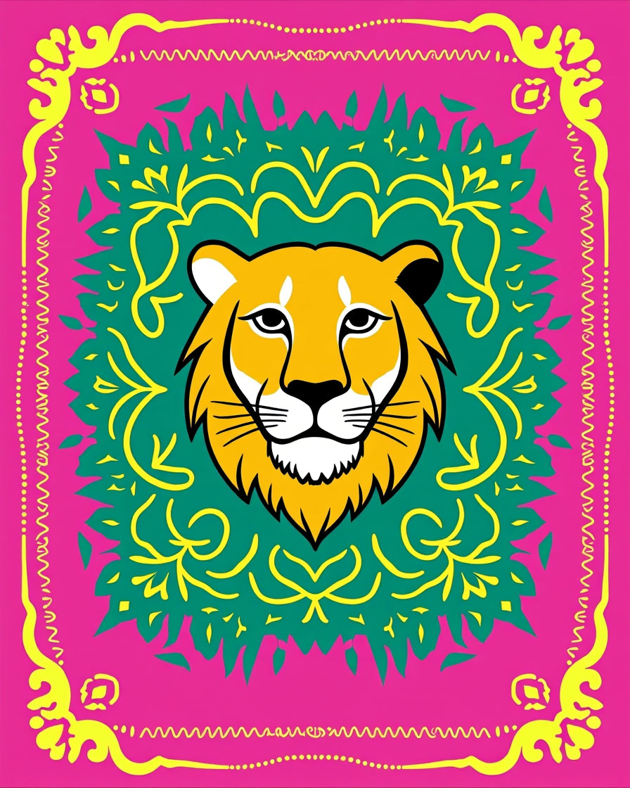 Vibrant Lion Head Geometric Medallion Rug