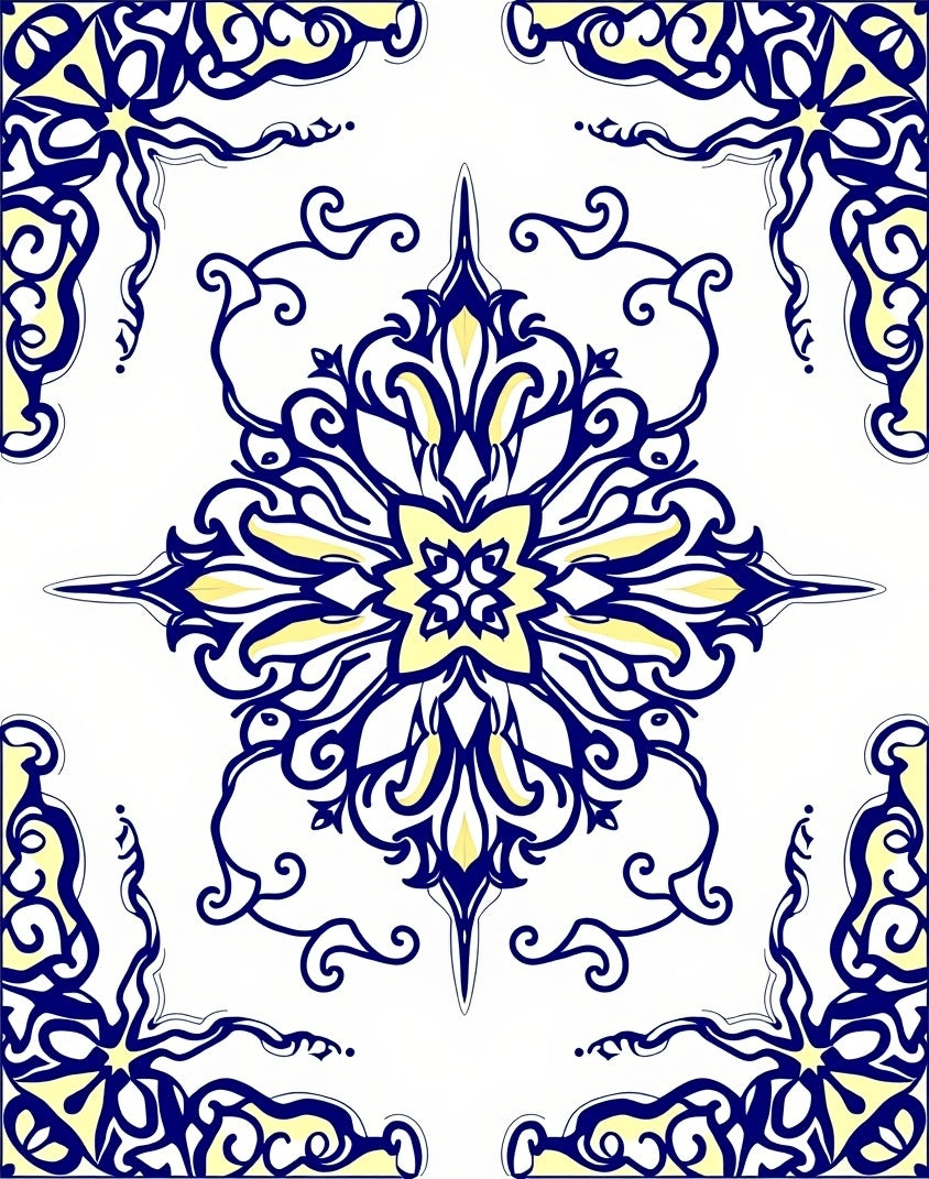Elegant Navy Yellow Scrollwork Medallion Rug