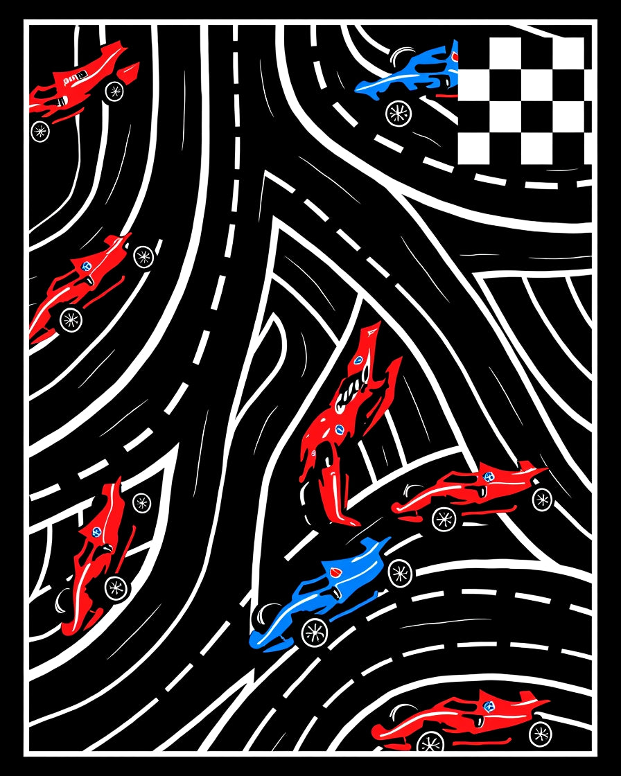 Red Blue Racing Cars Checkered Flag Rug