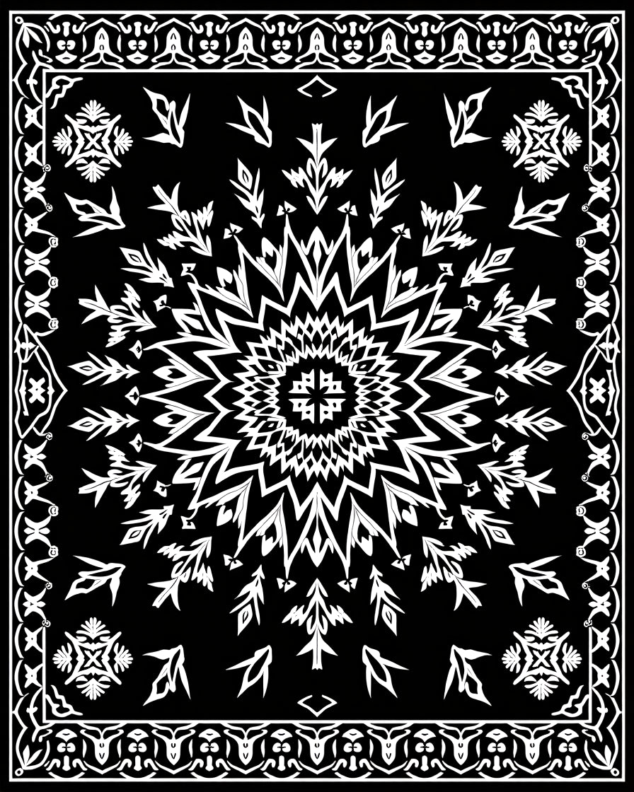 Black White Radial Starburst Border Rug