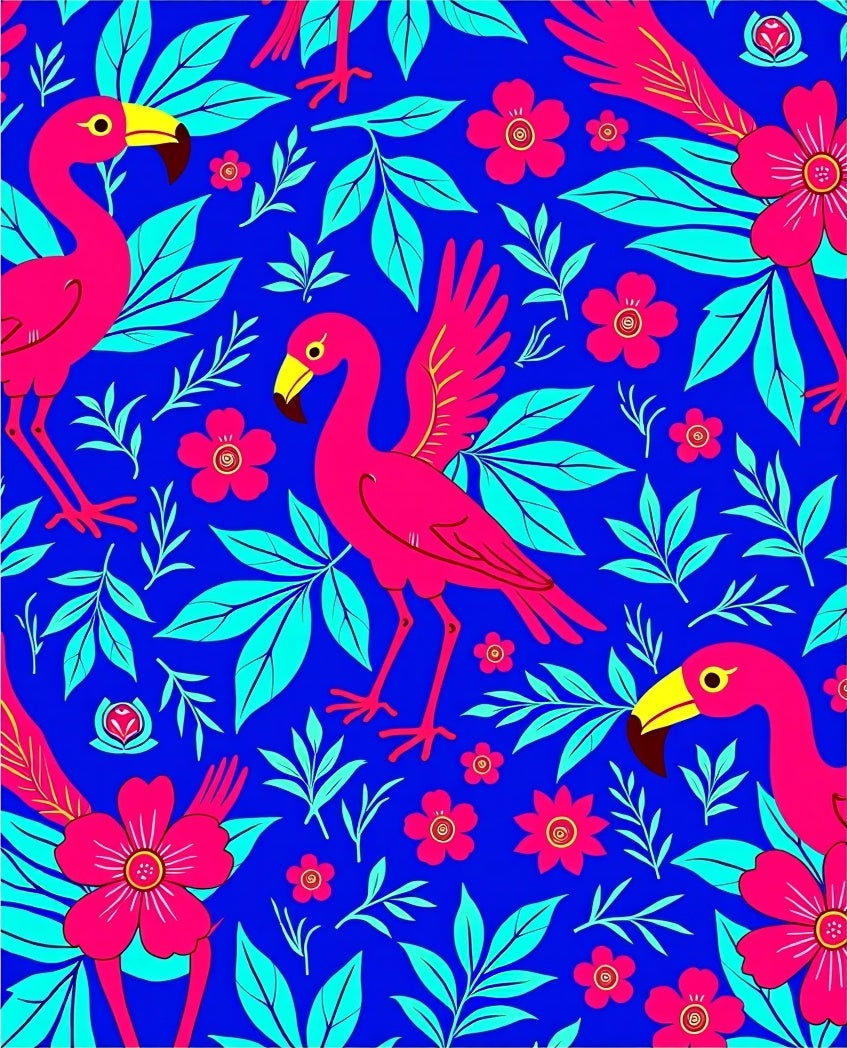 Fuchsia Flamingo Floral Tropical Blue Rug