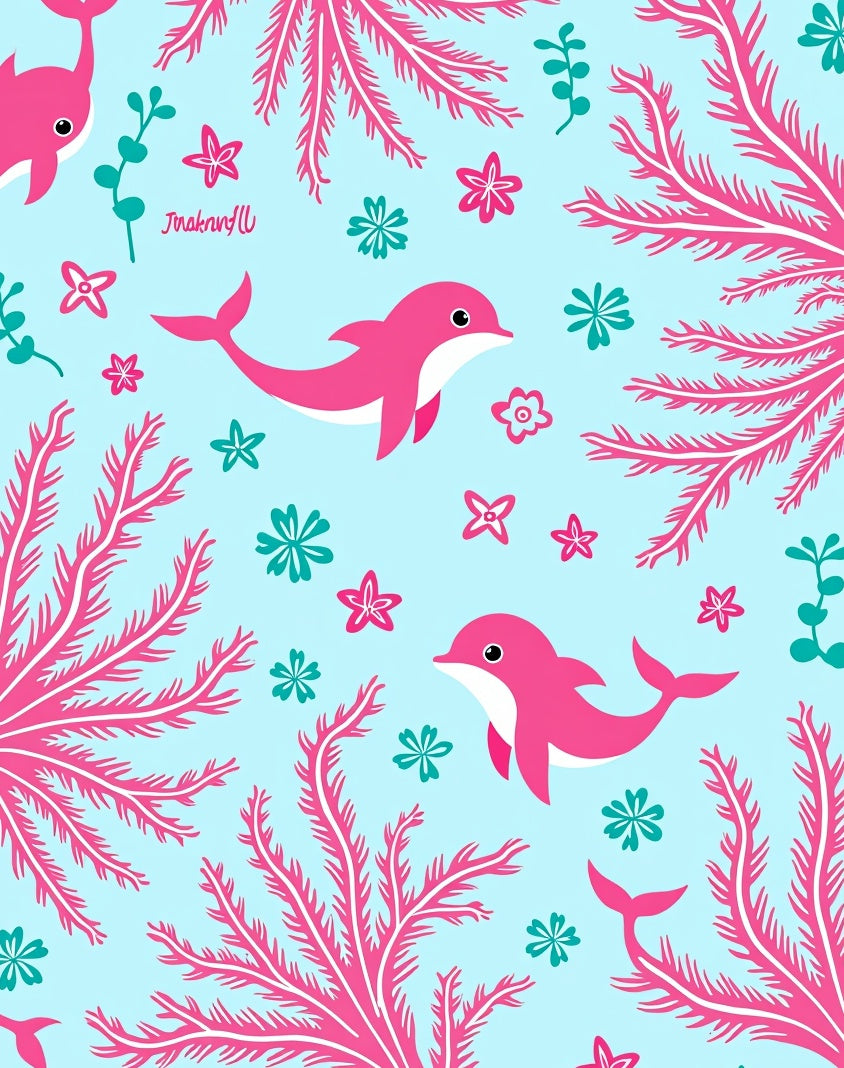 Pink Dolphins Coral Sea Life Whimsical Rug