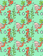 Whimsical Orange Figures Green Foliage Rug