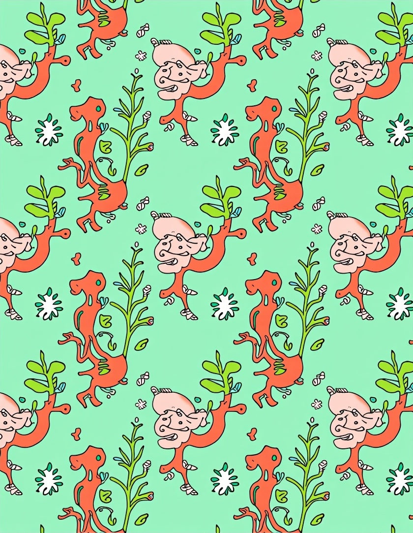 Whimsical Orange Figures Green Foliage Rug