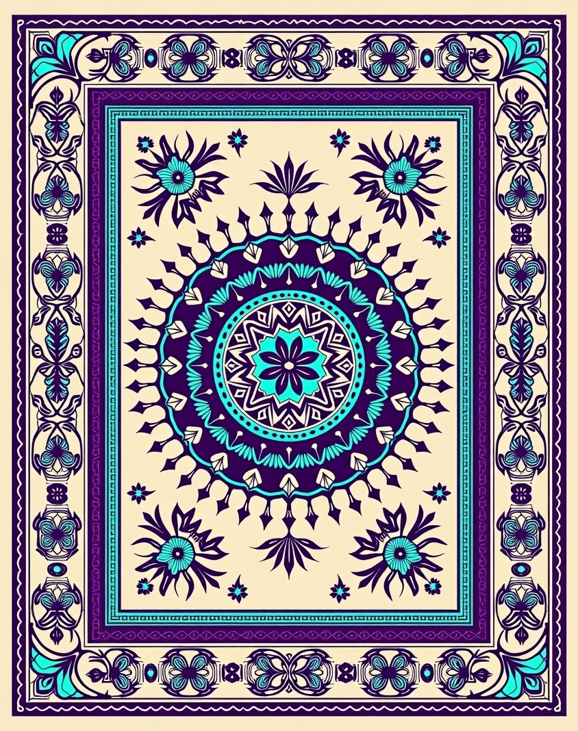 Bold Purple Teal Medallion Border Rug