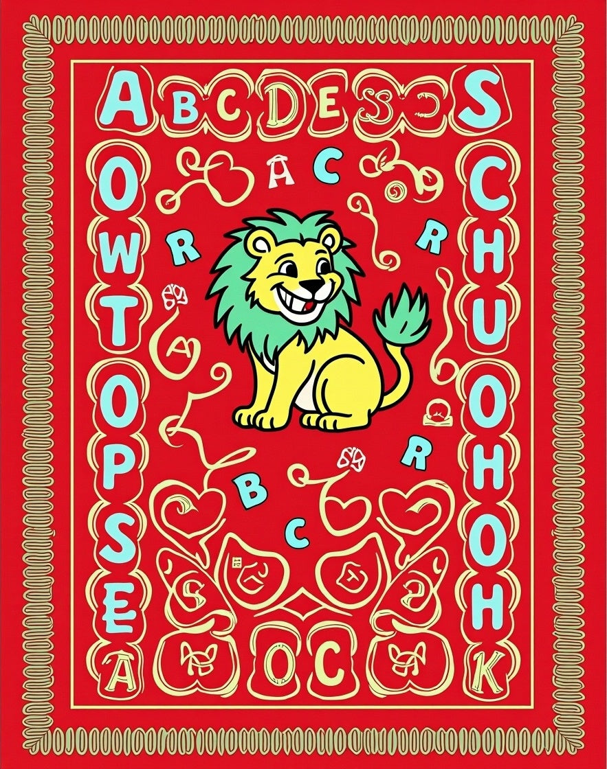 Childish Lion Alphabet Border Red Rug