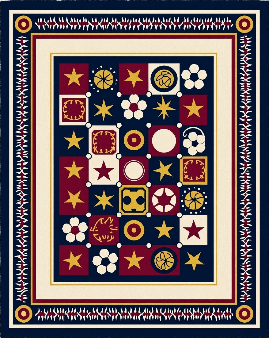 Navy Red Gold Star Flower Medallion Rug