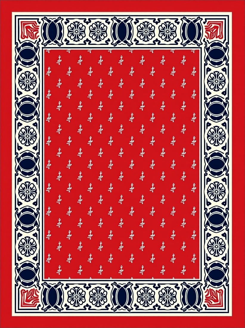 Red White Blue Ornamental Border Rug