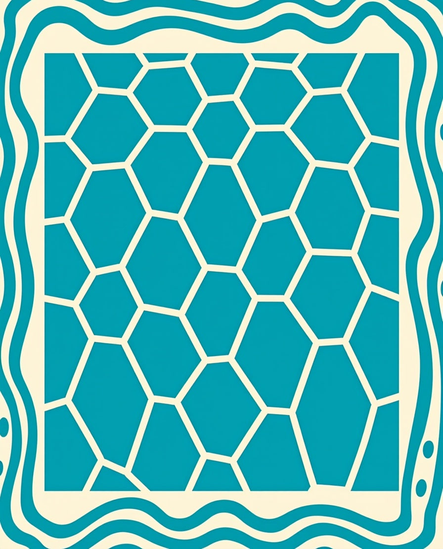Teal Cream Hexagonal Mosaic Border Rug