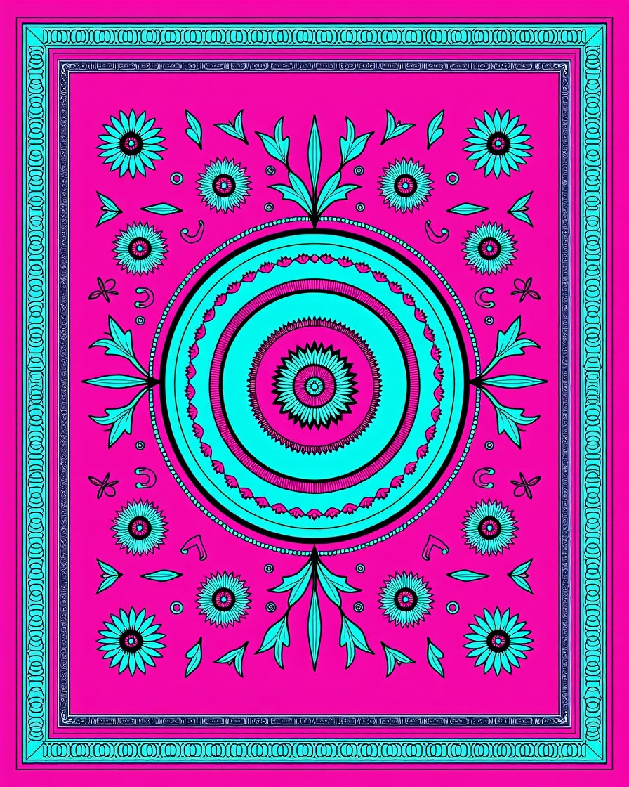Vibrant Pink Teal Floral Mandala Rug
